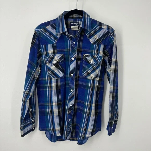 Vintage wrangler western pearl snap shirt size 16.5-35 blue long sleeve XL tail - Picture 2 of 7